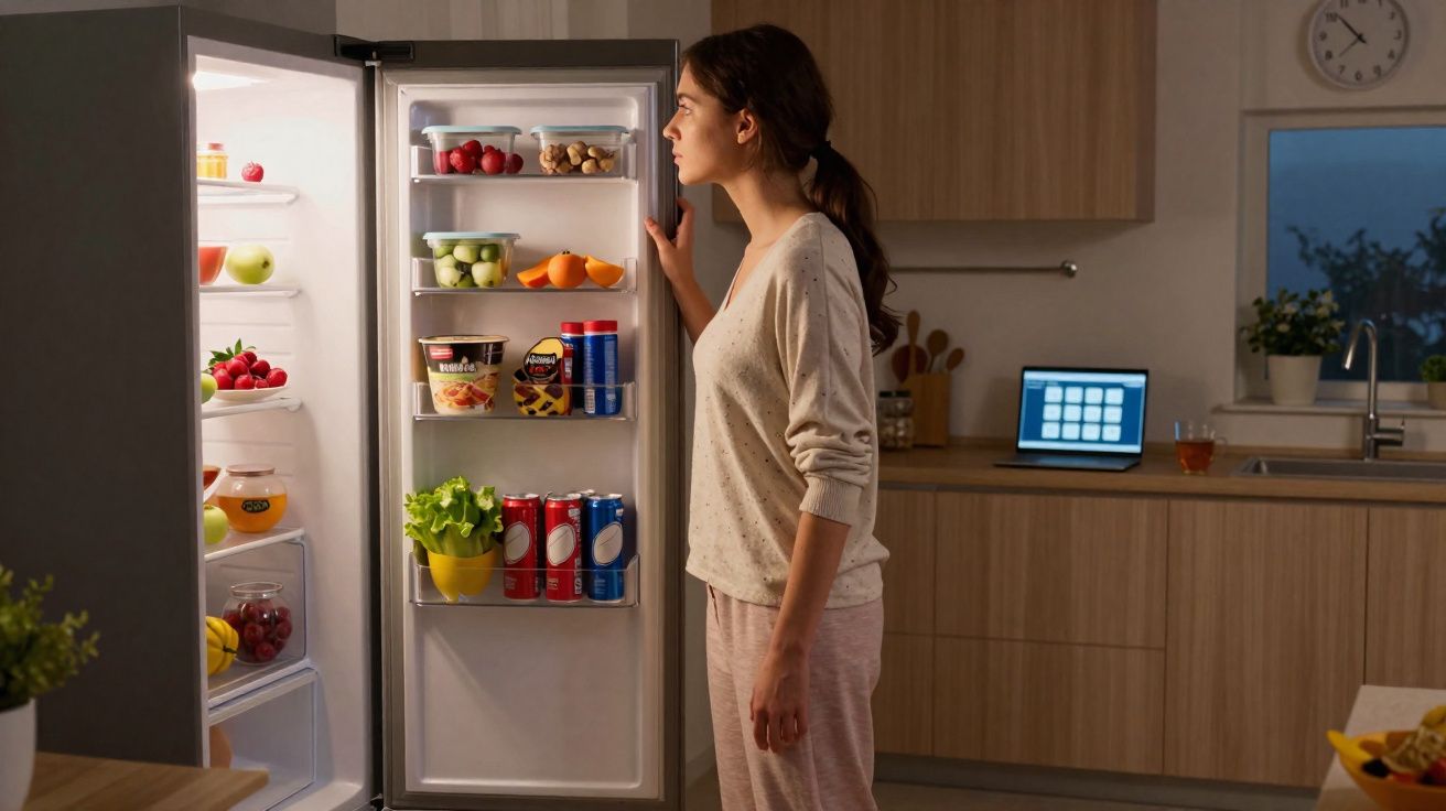 Mulher de pijama a olhar para dentro de um frigorífico aberto numa cozinha moderna de noite.