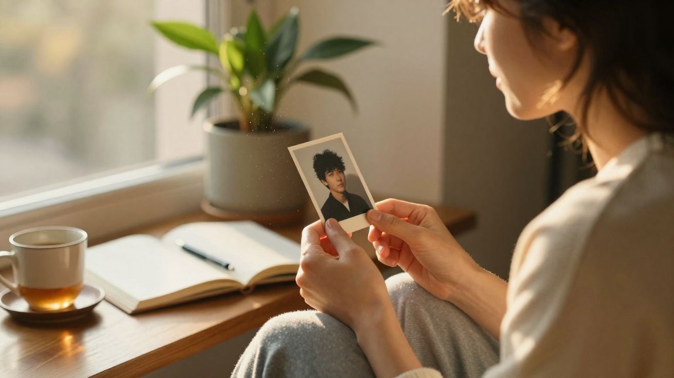 Pessoa sentada junto à janela a segurar uma fotografia, com chá, caderno aberto e planta na mesa.