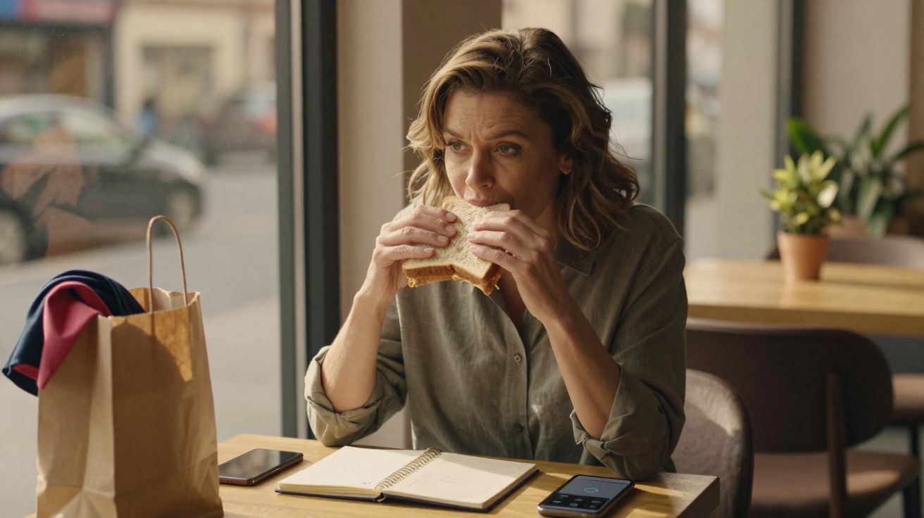 Mulher sentada numa cafetaria a comer uma sandes, com caderno e telemóvel em cima da mesa.