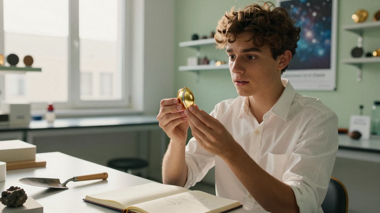 Jovem sentado à secretária a observar um astrolábio dourado numa sala iluminada.