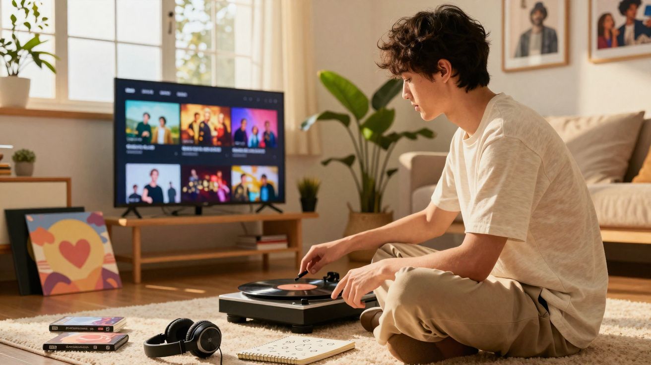 Jovem sentado no chão a ouvir vinil numa sala luminosa com televisão ligada ao fundo.
