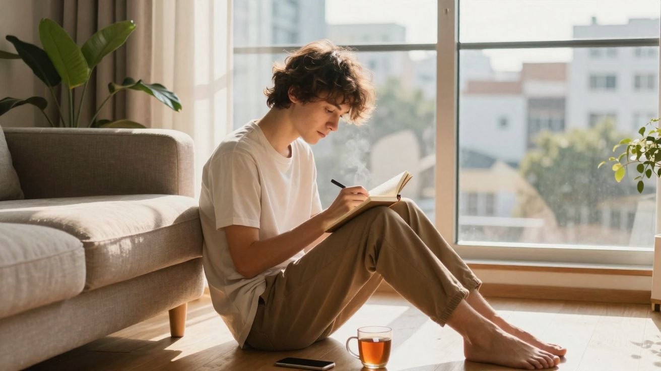 Jovem sentado no chão junto a sofá, a escrever num caderno com uma chávena de chá e telemóvel ao lado.