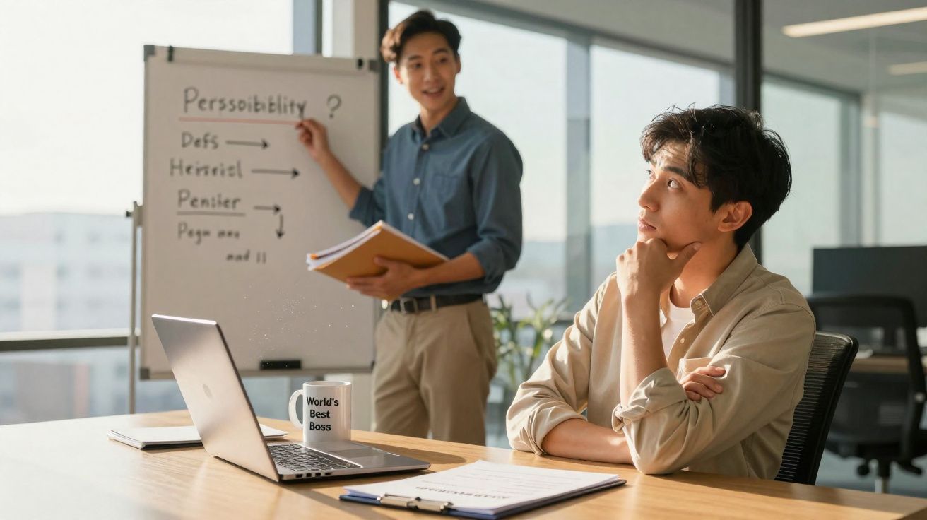 Dois homens em escritório, um apresenta ideia num quadro branco e o outro pensa sentado à mesa com portátil.