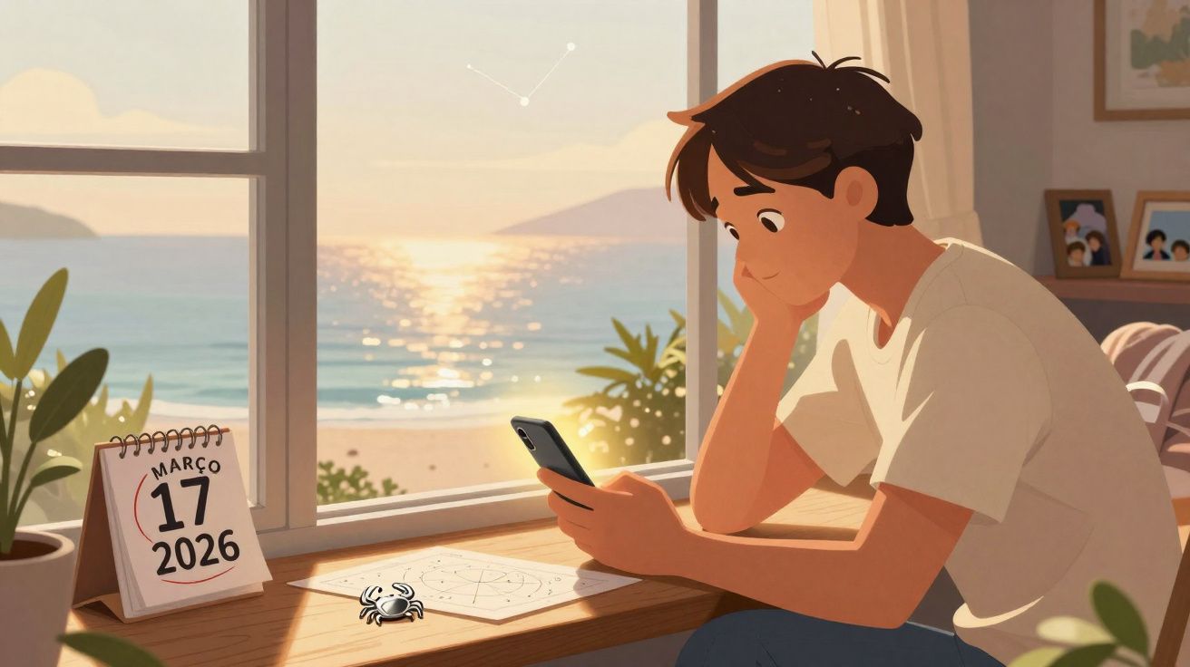 Jovem sentado à mesa a olhar para o telemóvel, com vista para o mar ao pôr do sol e calendário marcado a 17 de março de 2026.
