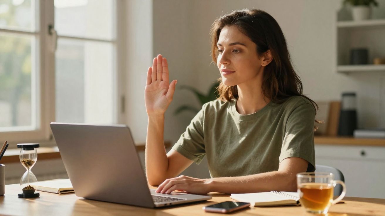 Mulher a participar numa videoconferência, com a mão levantada, sentada à mesa com computador portátil.