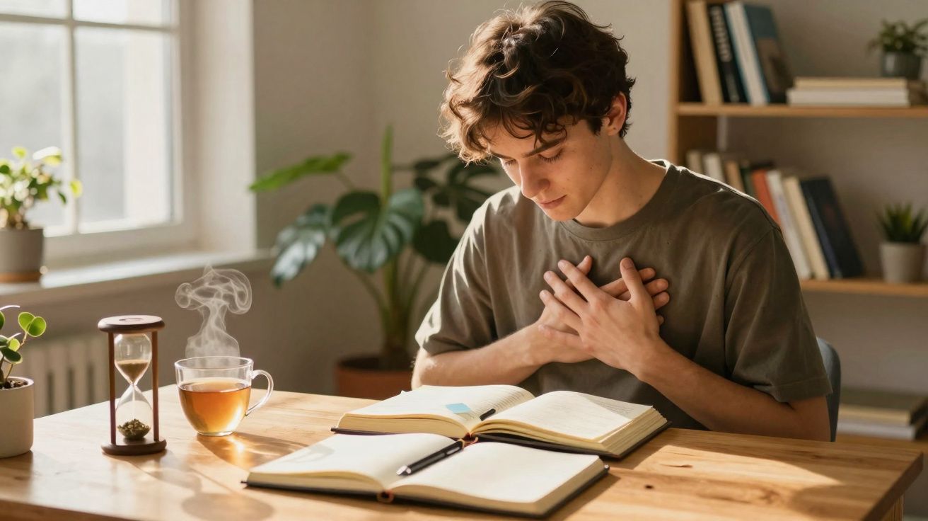 Jovem sentado a estudar com livros abertos, chá quente e ampulheta numa mesa iluminada pela janela.