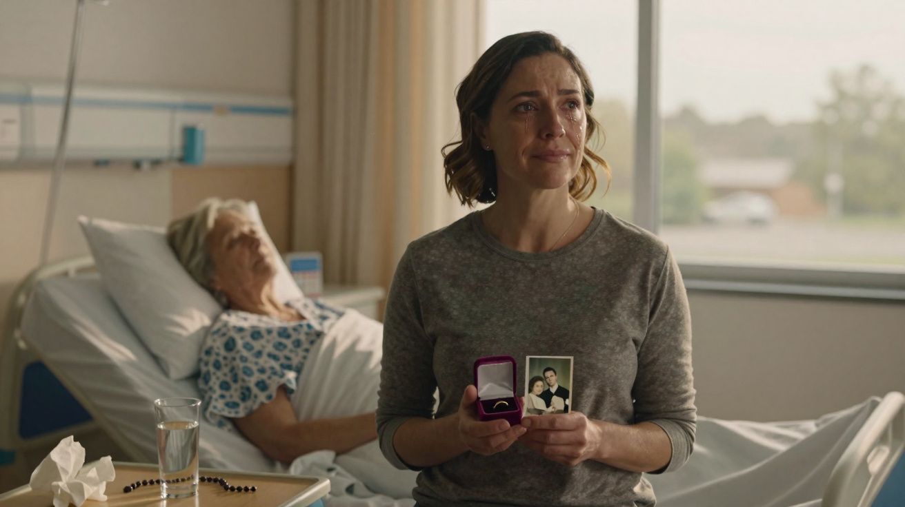 Mulher emocionada segura anel e foto junto a idosa deitada em cama de hospital.