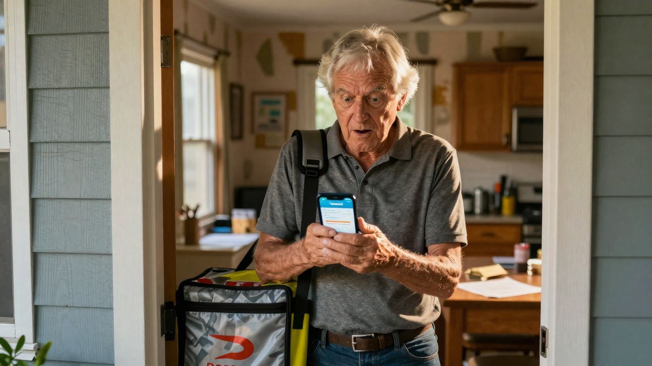 Homem idoso com expressão de surpresa a olhar para telemóvel, segurando mochila térmica de entrega.