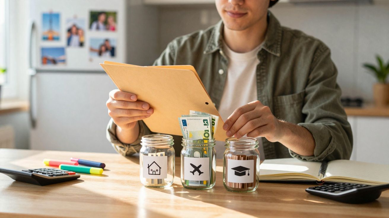 Pessoa a organizar dinheiro em frascos rotulados para casa, viagem e educação numa mesa com calculadoras e canetas.