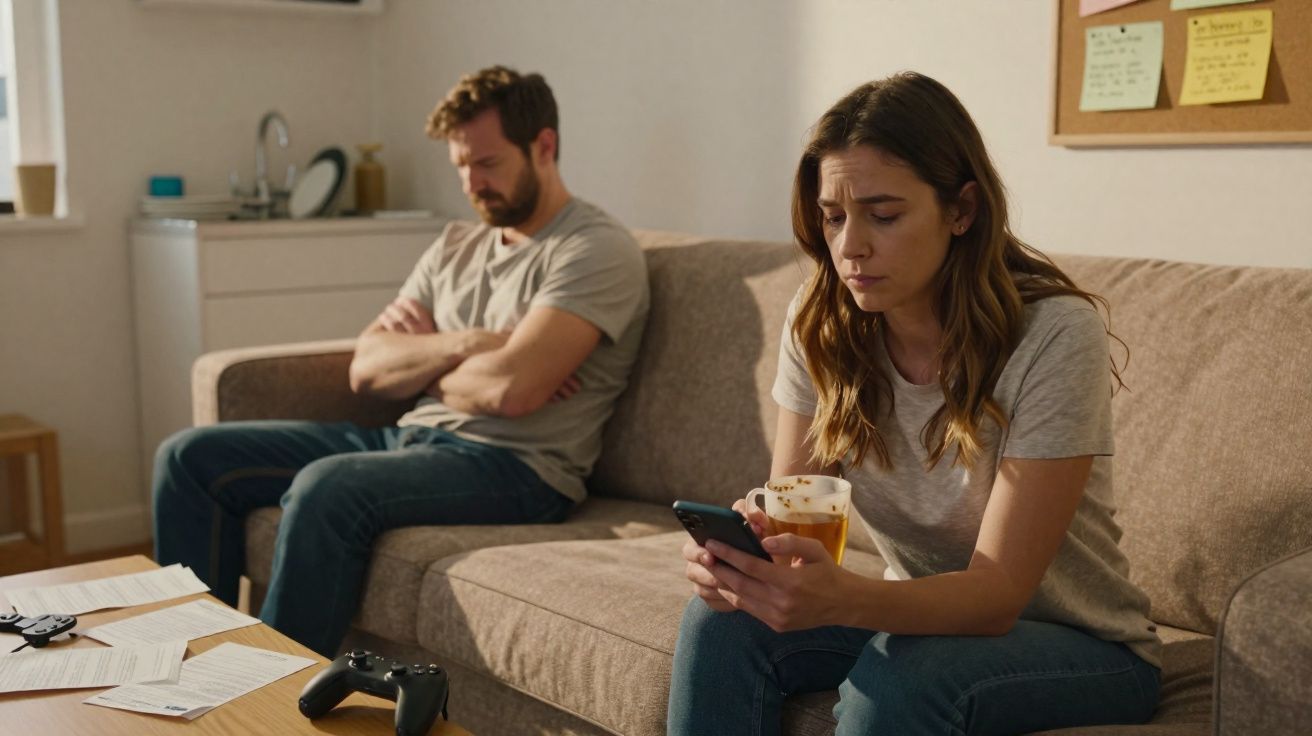 Casal sentado no sofá com expressões preocupadas, mulher a olhar para o telemóvel e homem de braços cruzados.