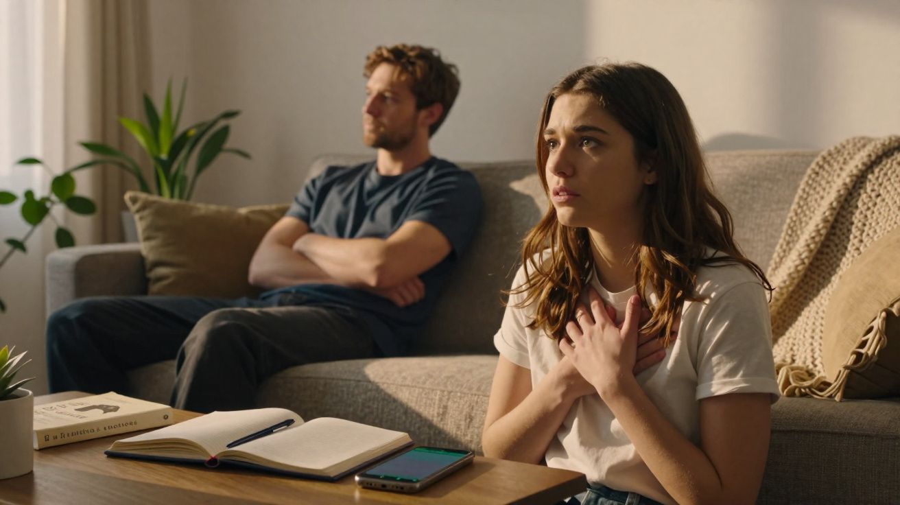 Mulher preocupada sentada no chão e homem sentado no sofá com expressão fechada numa sala iluminada.