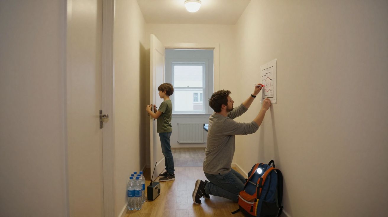 Homem ajoelhado a desenhar num papel colado na parede e criança a escrever numa porta azul clara.