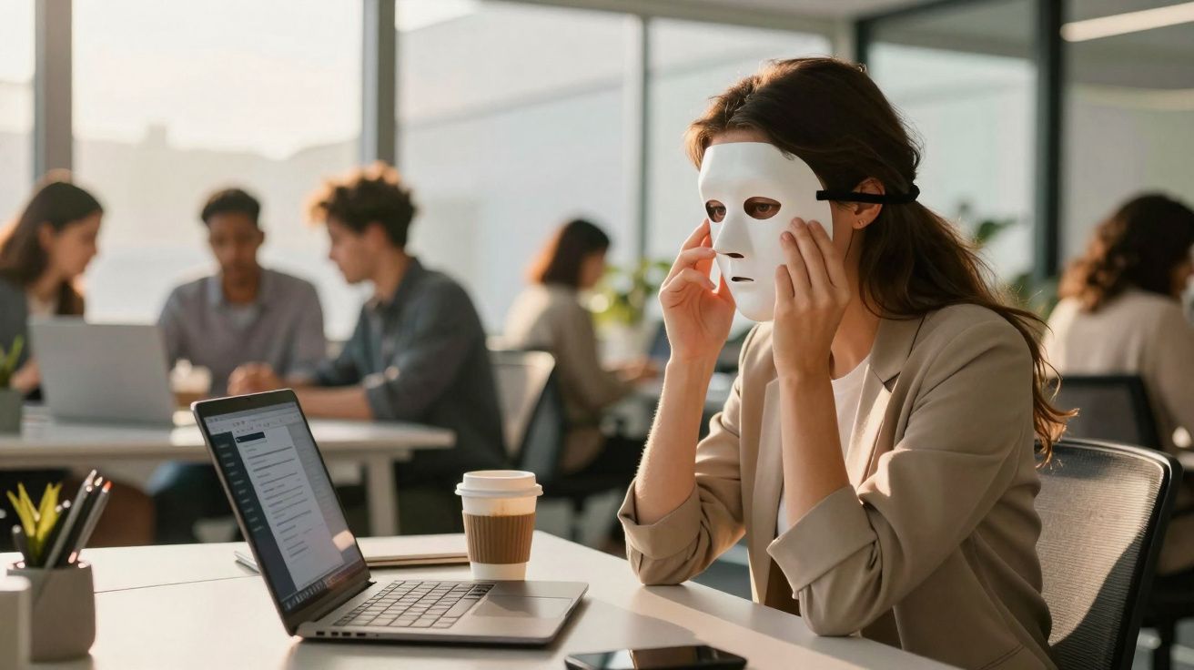 Mulher num escritório a colocar máscara branca sentada à frente de portátil e chávena de café.