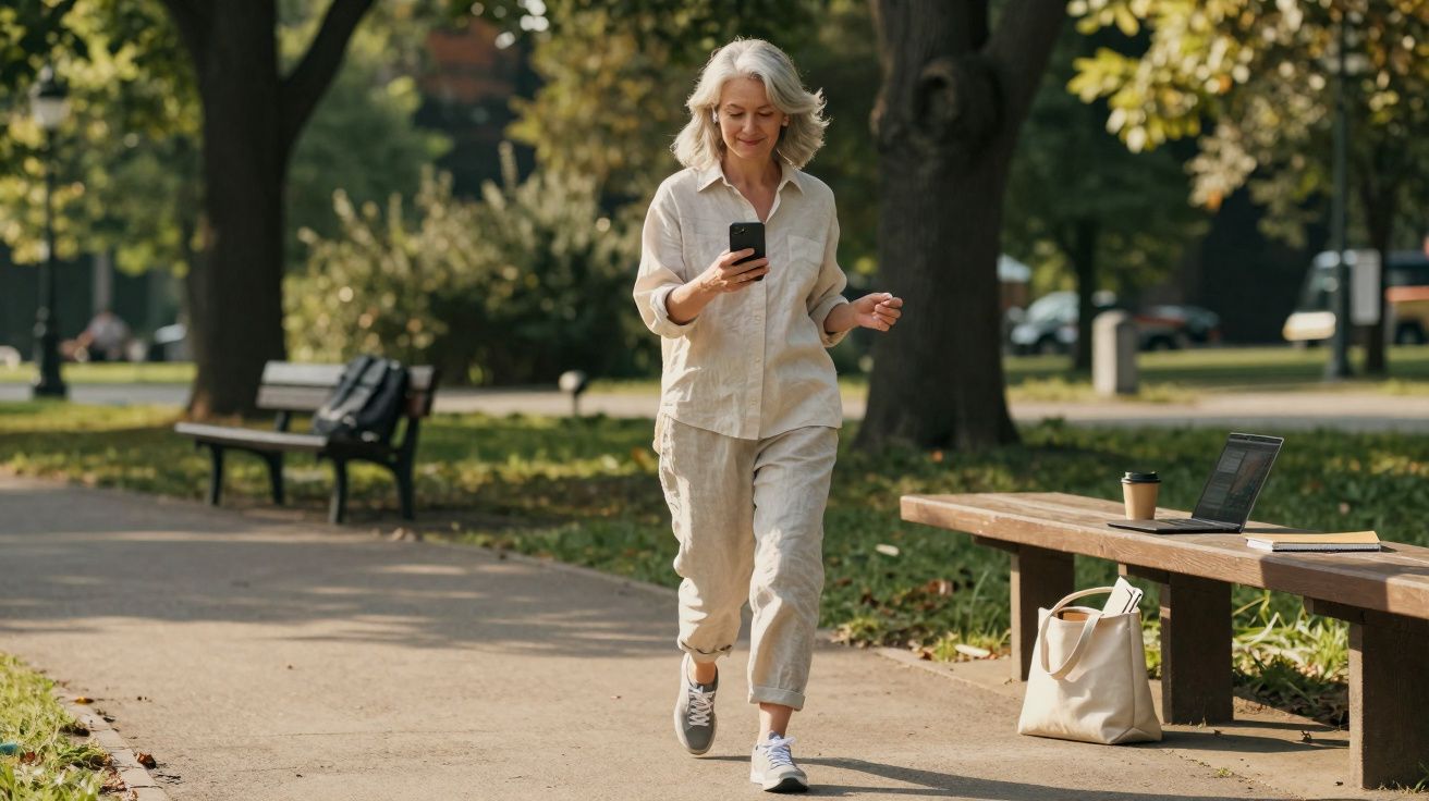 Mulher de cabelos grisalhos a andar no parque, a sorrir enquanto usa o telemóvel, com banco e sacola ao lado.