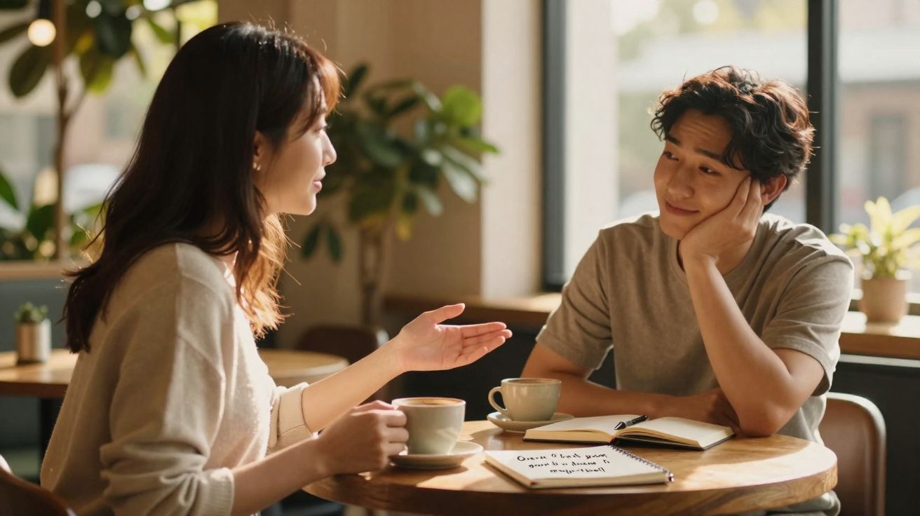 Duas pessoas sentadas num café a conversar, com cafés e cadernos na mesa redonda.