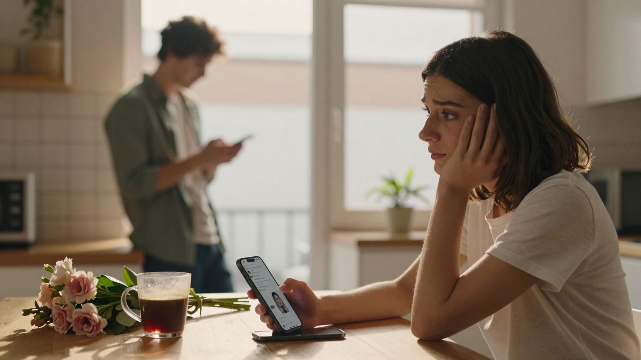 Mulher preocupada com telemóvel na mão e homem afastado no fundo numa cozinha iluminada.