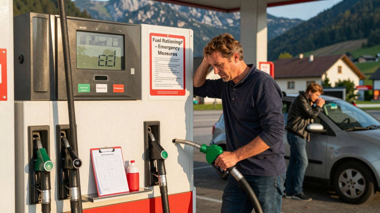 Homem com expressão preocupada segura bomba de combustível numa estação de serviço, com outra pessoa no carro ao fundo.