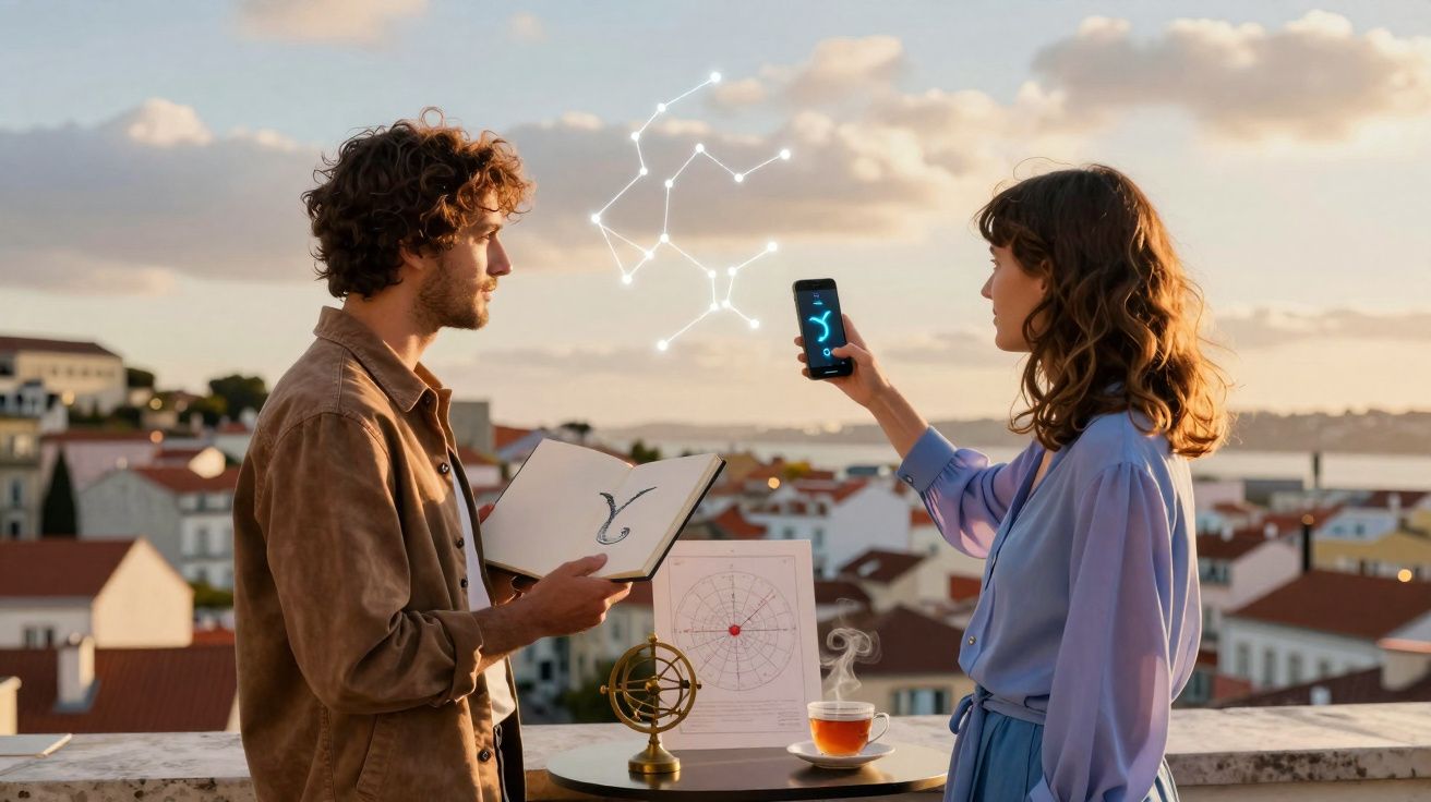 Homem e mulher observam constelação digital, com livro e gráfico de estrelas numa varanda ao pôr do sol.