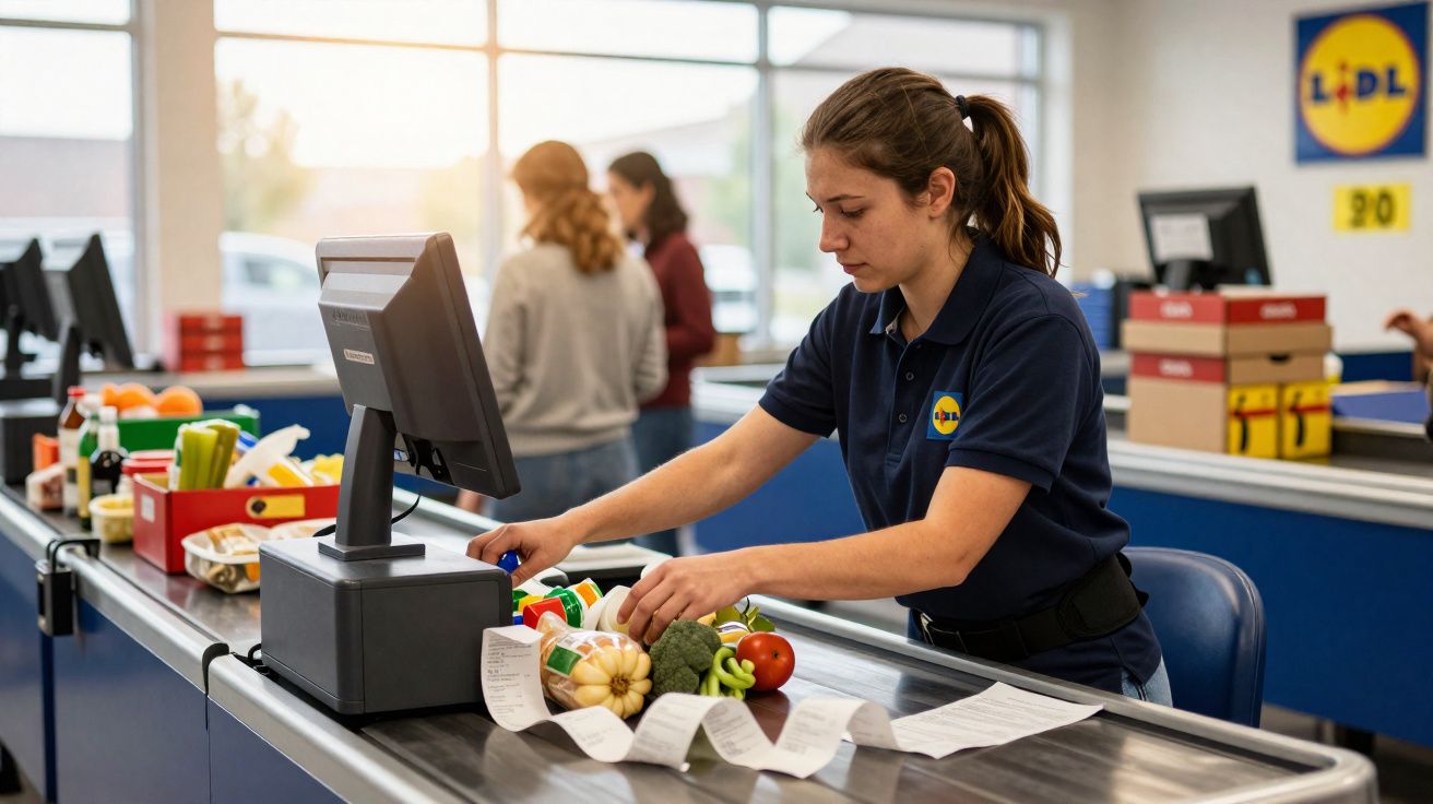 Funcionária do Lidl a registar compras na caixa com vários legumes e frutas na esteira.