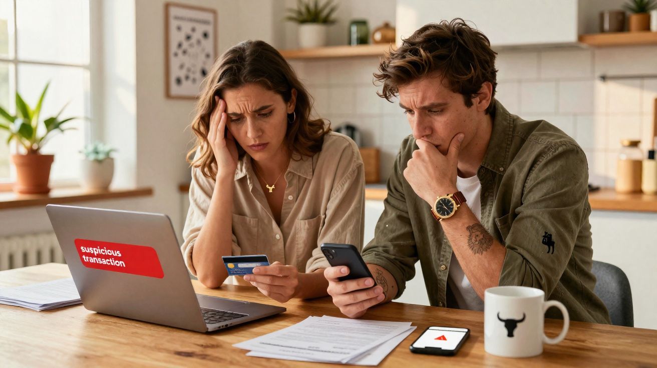 Casal preocupado analisa transação suspeita no computador enquanto verifica um cartão e um telemóvel na cozinha.