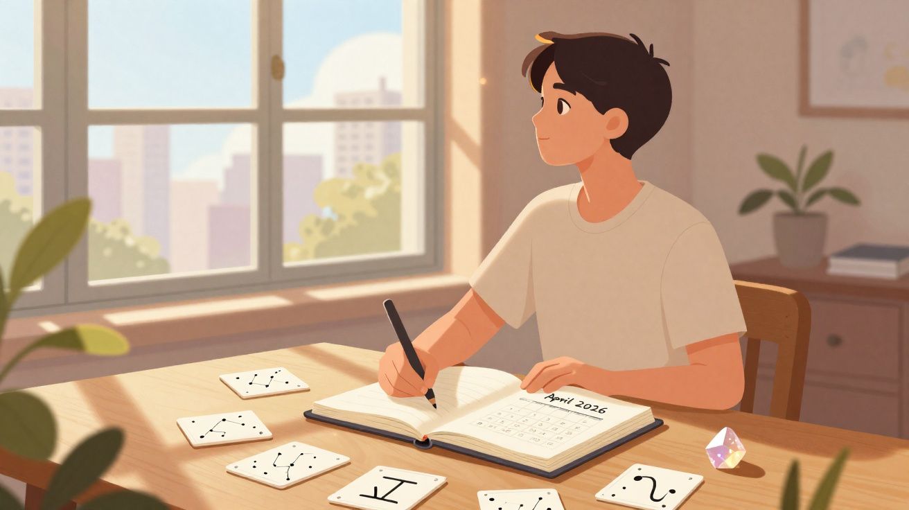 Jovem a estudar astrologia, escrevendo num caderno com cartas de estrelas e signos espalhadas na mesa.