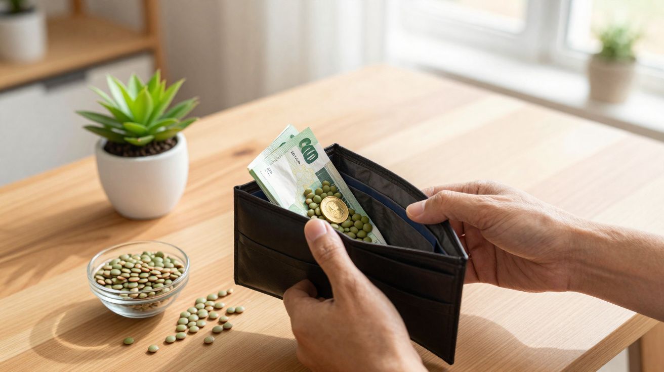 Duas mãos seguram uma carteira preta com lentilhas e notas de euro verdes sobre uma mesa de madeira.