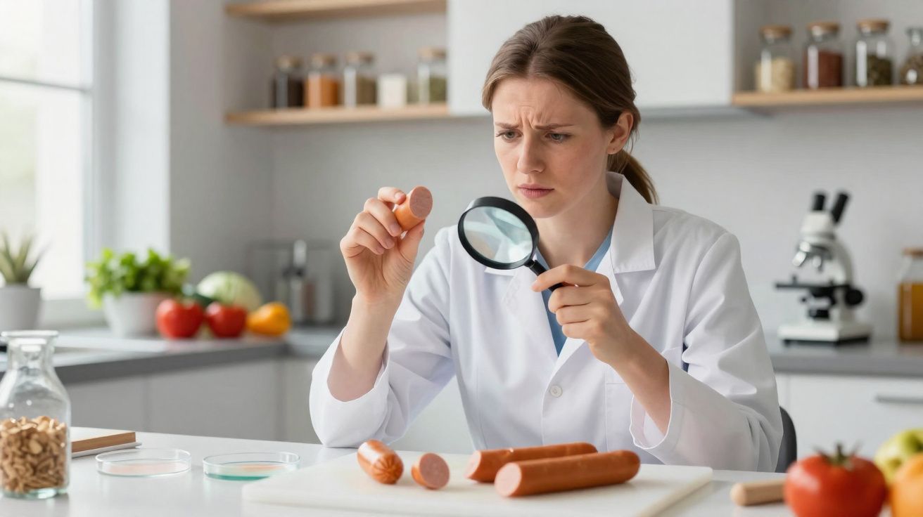 Cientista em laboratório a examinar uma salsicha com lupa, com aparência preocupada.