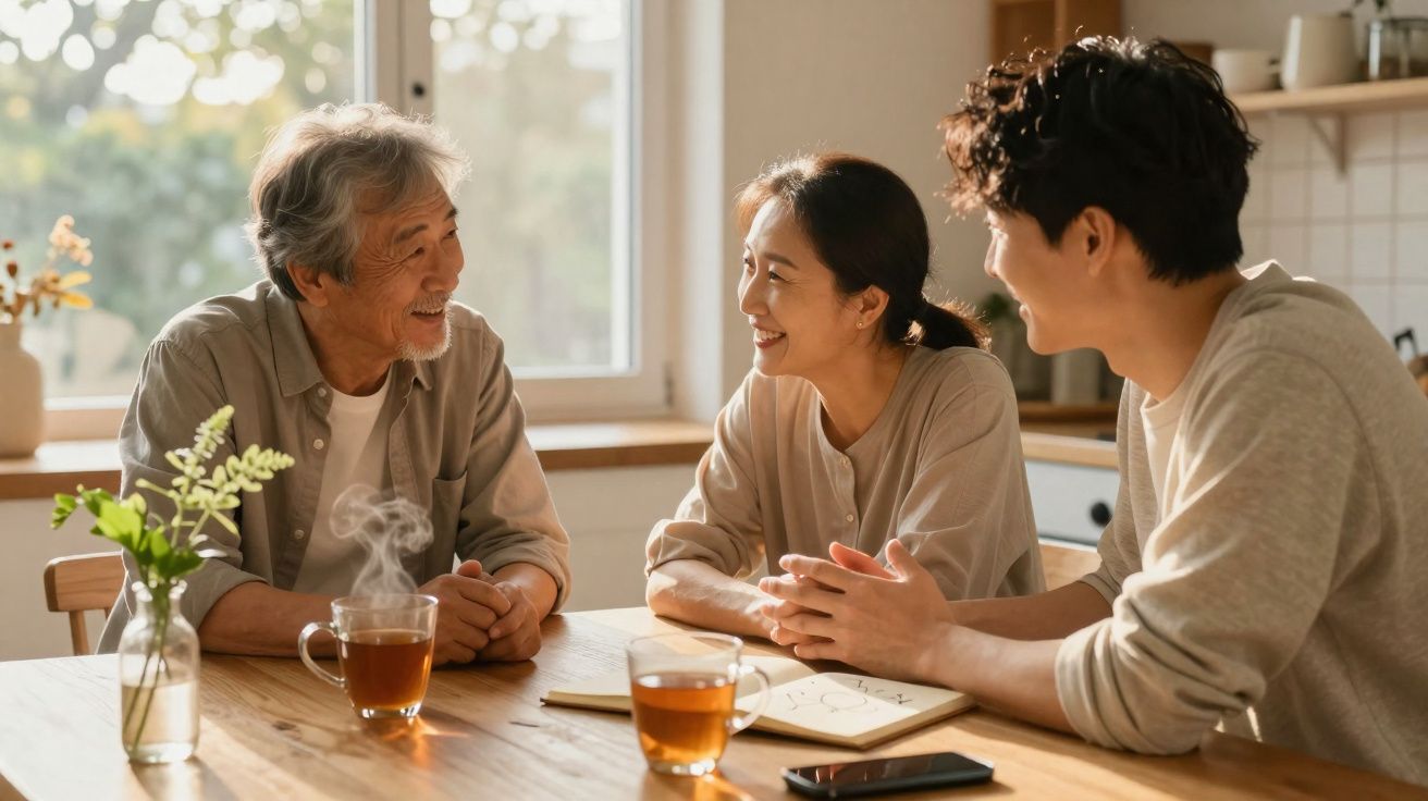 Três pessoas sorridentes conversam à volta de uma mesa em casa, com chá quente e luz natural ao fundo.