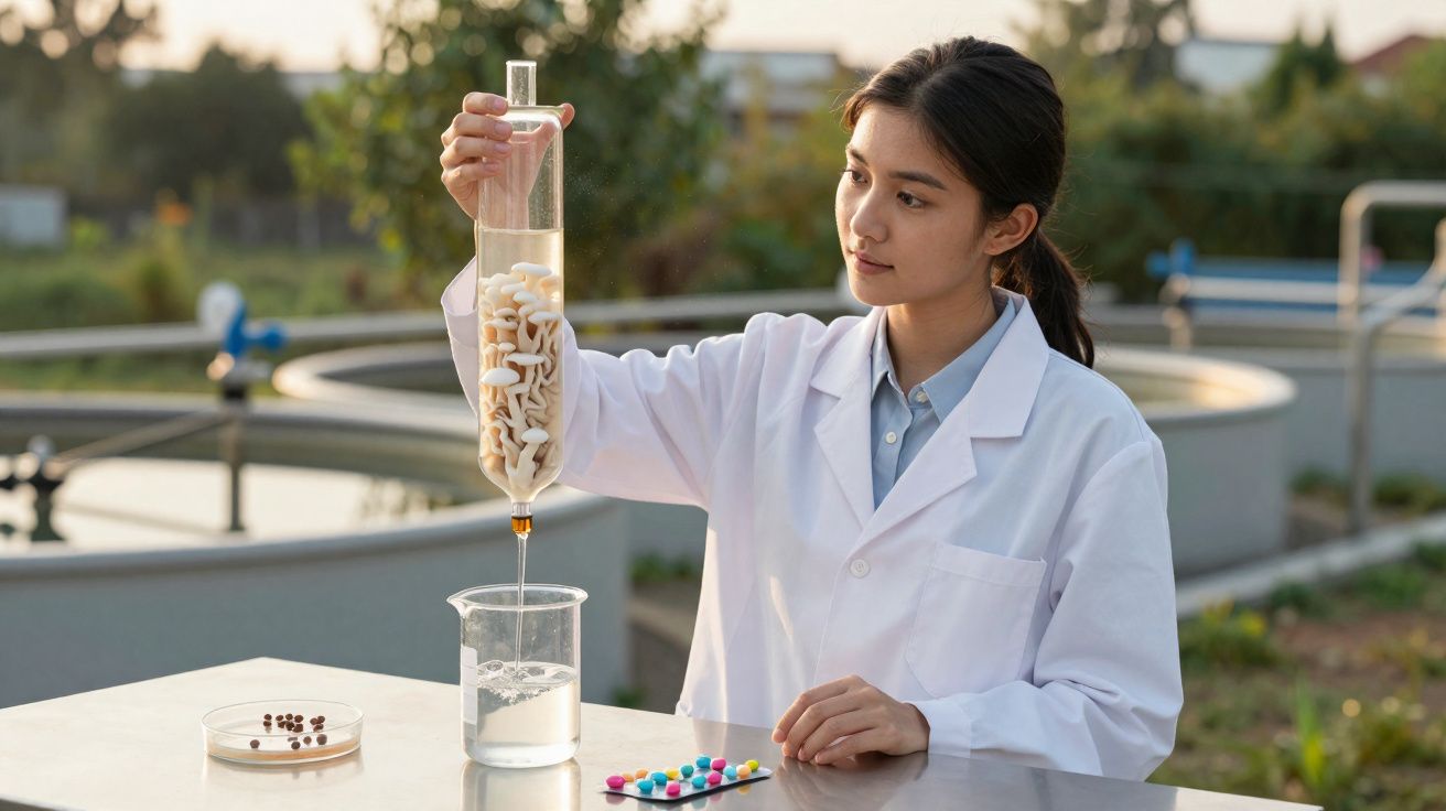 Mulher cientista a segurar um funil com cápsulas para filtrar líquido num laboratório ao ar livre.