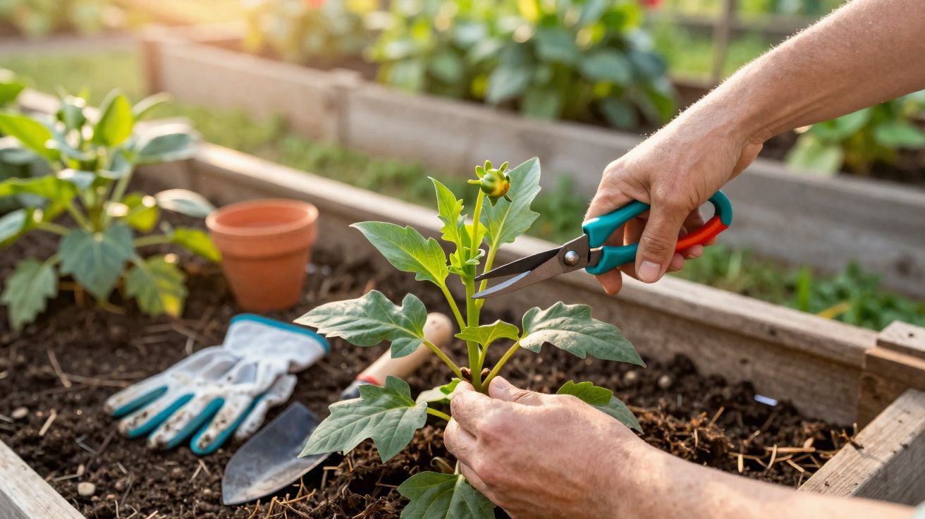 Mãos a podar planta verde com tesoura de poda num canteiro de madeira, com luvas e sacho ao lado.