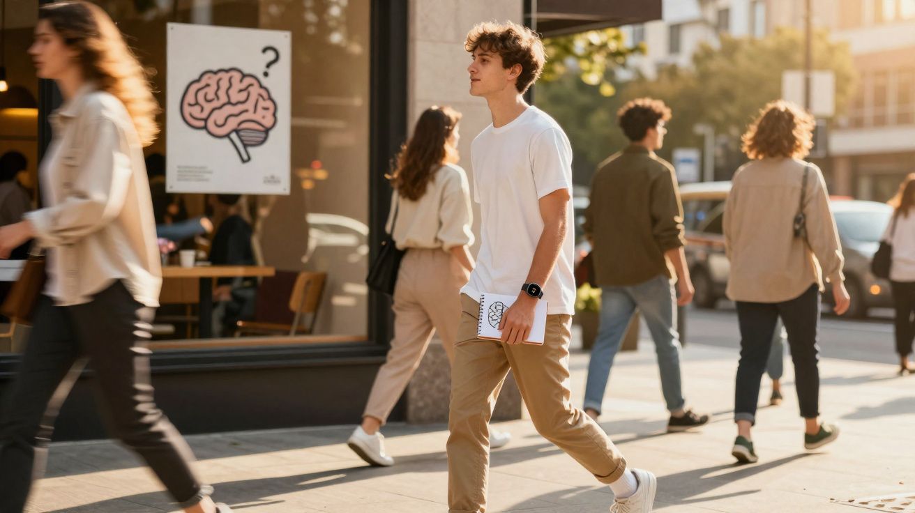 Jovem a andar na rua com caderno, com desenho de cérebro, enquanto outras pessoas passeiam ao redor.