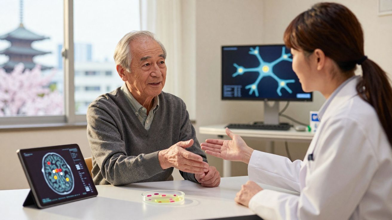 Idoso a cumprimentar médica num consultório com imagens de cérebro e neurónios no ecrã.