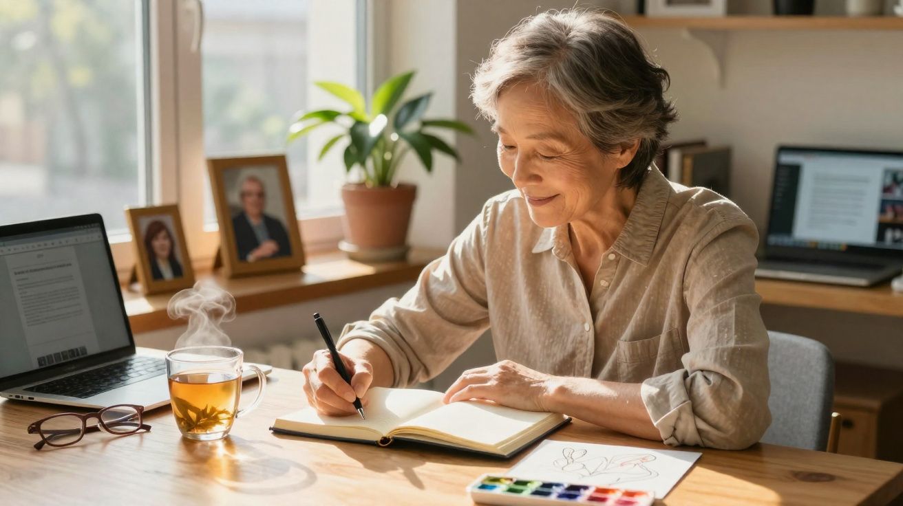 Mulher idosa a escrever num caderno, sentada à mesa com chá quente, computador e materiais de pintura à sua volta.