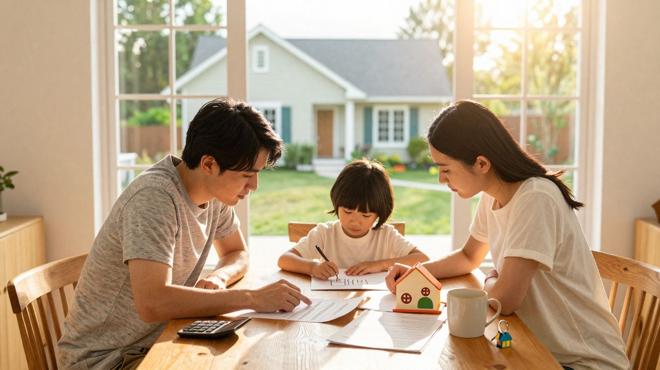 Família sentada à mesa a ajudar criança com lição de casa, com casa visível pela janela ao fundo.