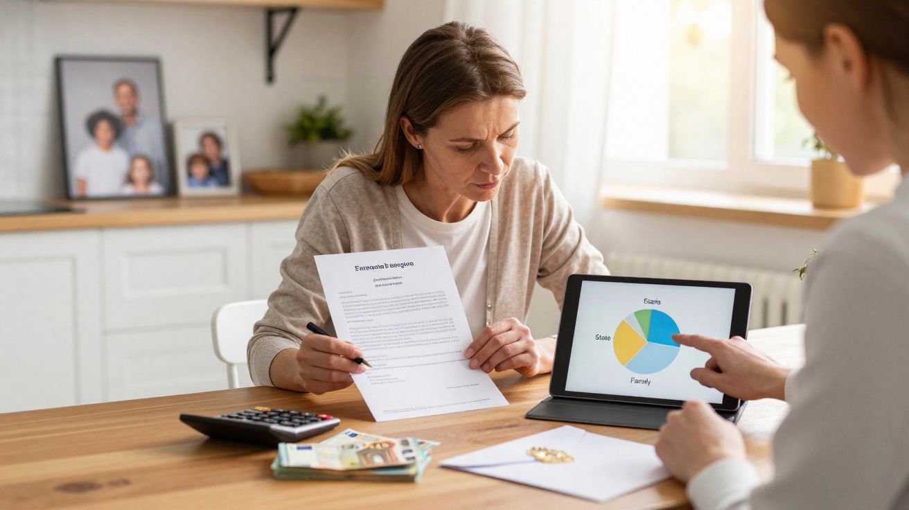 Duas mulheres a discutir finanças, com documentos, dinheiro e tabela com gráfico circular numa mesa.