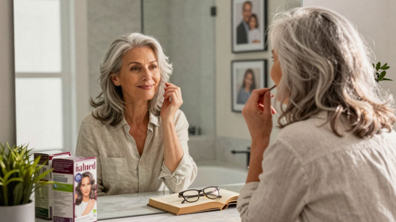 Mulher madura com cabelo grisalho sorrindo ao espelho enquanto aplica batom num quarto iluminado.