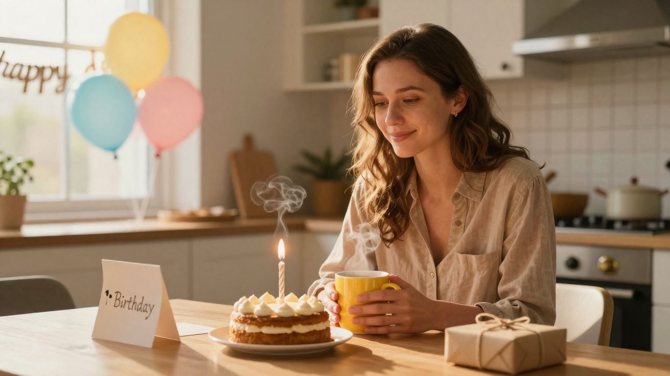 Mulher sorridente segurando chá junto a bolo de aniversário com vela acesa e presente embrulhado numa cozinha iluminada.