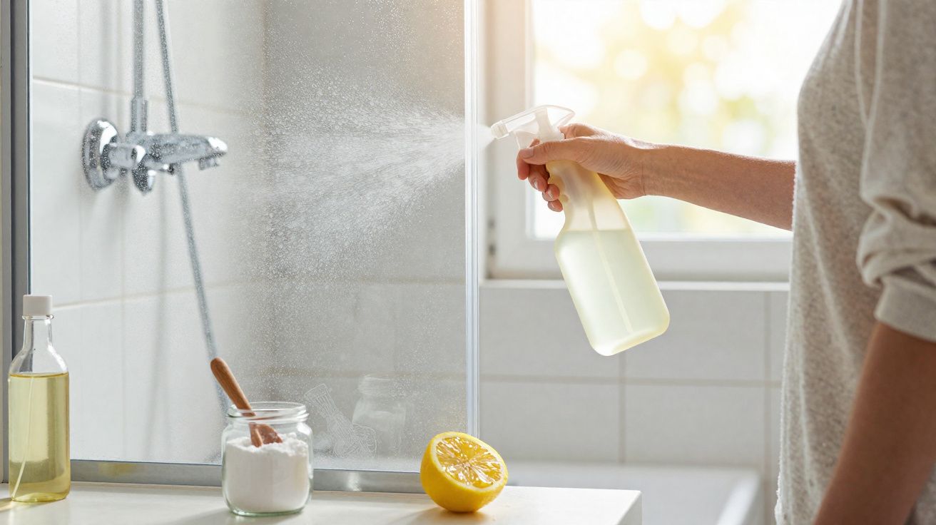 Pessoa a limpar o vidro do chuveiro com um pulverizador, bicarbonato e limão numa casa de banho.