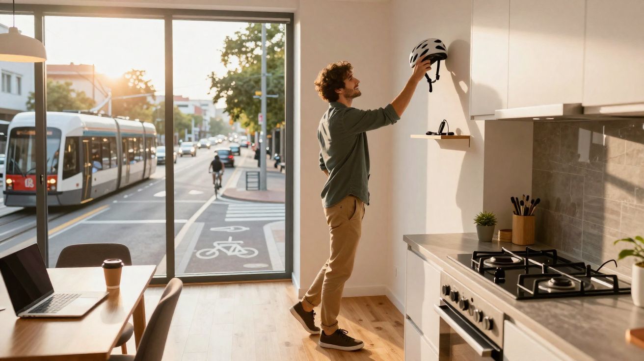 Homem a guardar capacete numa cozinha moderna com janela para rua movimentada e ciclovia.