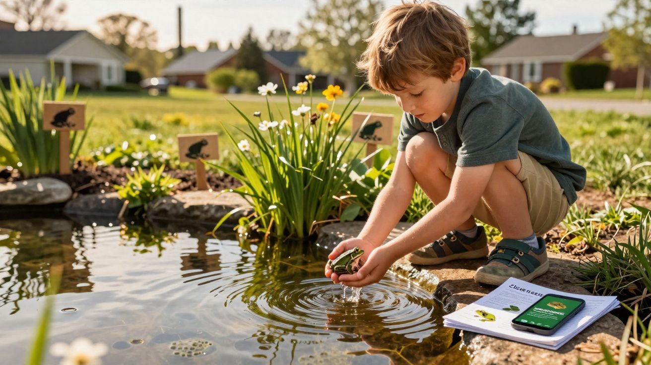 Menino a observar e soltar um sapo num lago, com folhas e um telemóvel ao lado, em dia soalheiro.