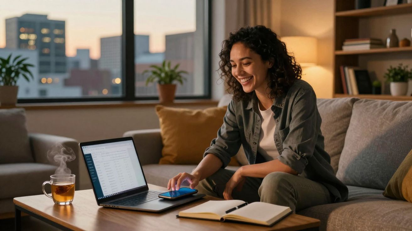 Mulher sentada no sofá com computador, telemóvel, chá quente e caderno numa sala acolhedora ao entardecer.