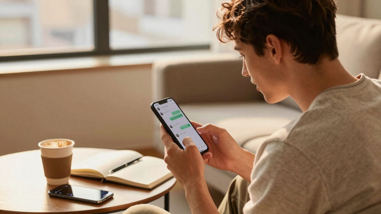 Homem sentado a enviar mensagens num smartphone, com café, telemóvel e caderno numa mesa à frente.