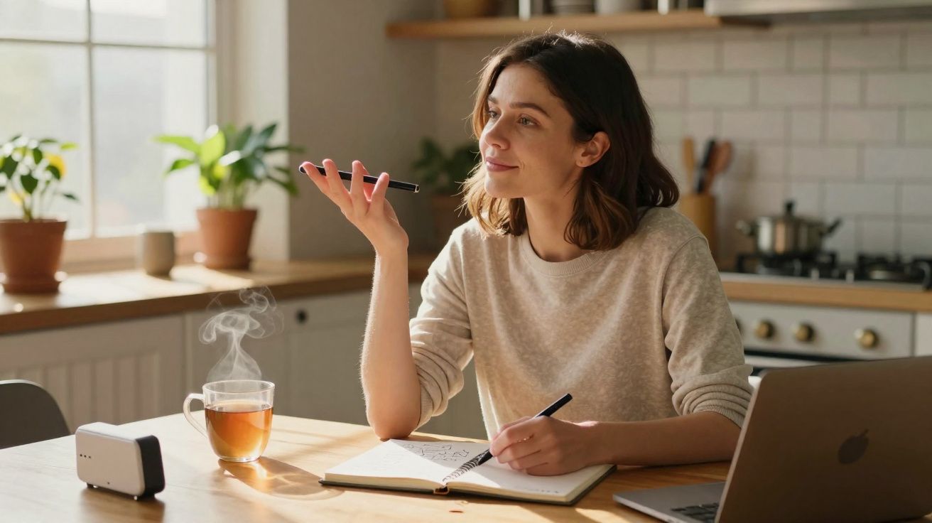 Mulher sentada na cozinha a falar com assistente de voz enquanto escreve num caderno com chá quente ao lado.