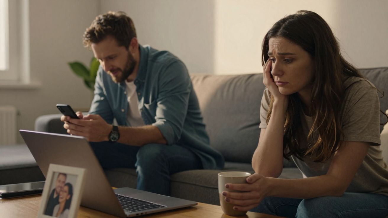Casal sentado em sofá; mulher parece triste segurando uma caneca, homem ao fundo usa telemóvel sorrindo.
