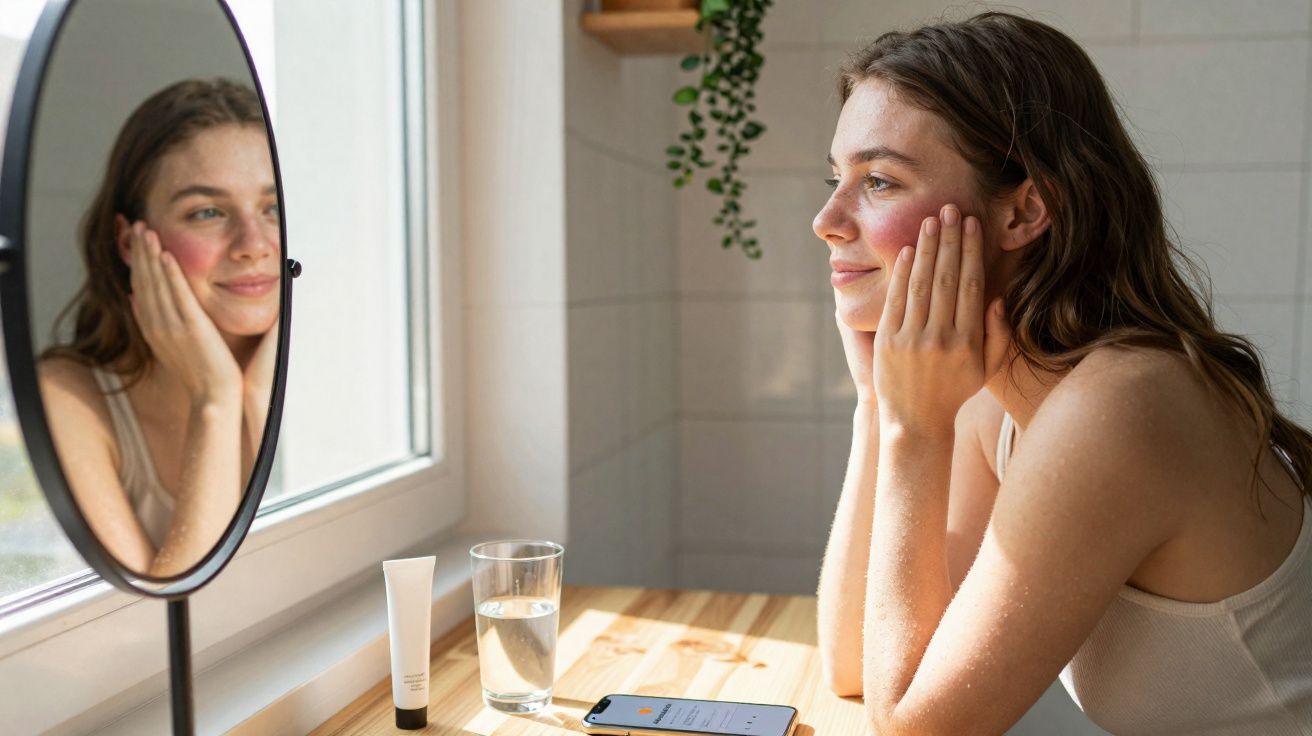 Jovem sorridente sentada à mesa, olhando para o espelho e tocando o rosto com as mãos.