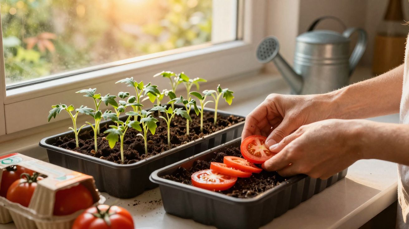 Mãos a plantar fatias de tomate em vasos com terra junto a uma janela, com mudas crescidas e regador ao fundo.