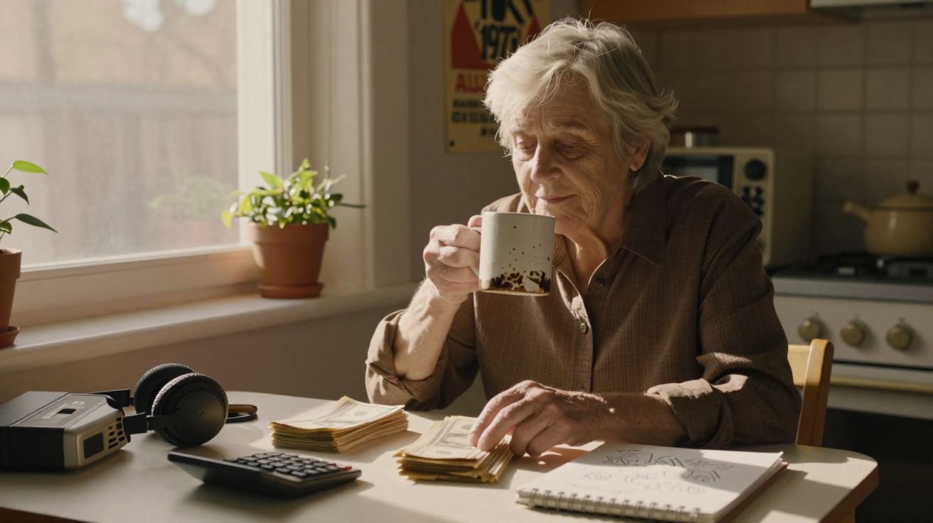 Idosa sentada à mesa, a beber de caneca e a contar dinheiro em ambiente doméstico iluminado por luz natural.