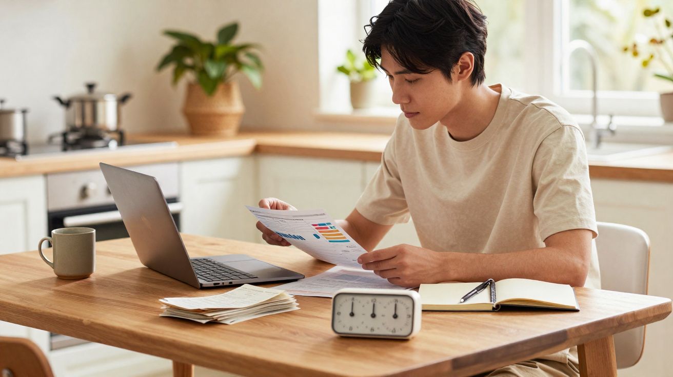 Jovem a analisar gráficos em papel sentado à mesa com computador portátil e caderno numa cozinha luminosa.