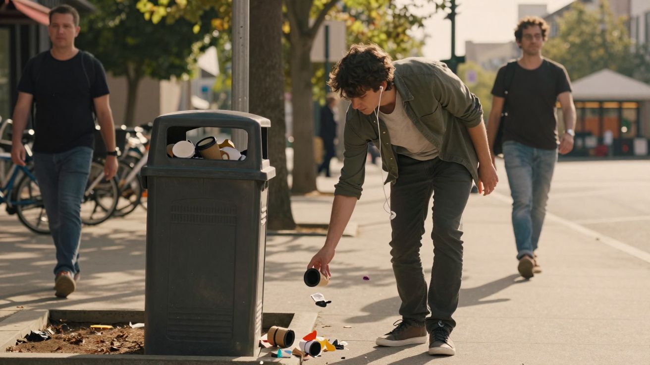 Homem apanha lixo no chão junto a um contentor de rua cheio numa calçada urbana.</s>