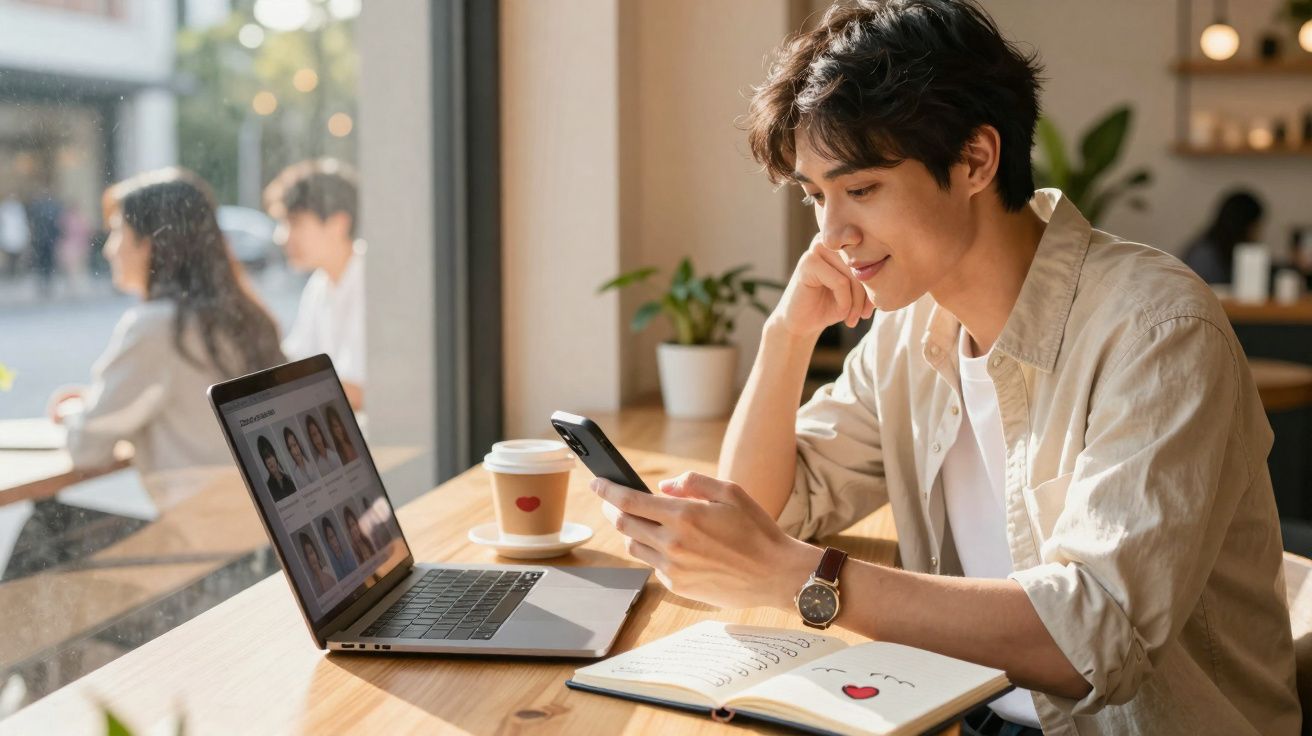 Homem jovem sentado num café a usar telemóvel e a trabalhar num portátil com caderno aberto à frente.
